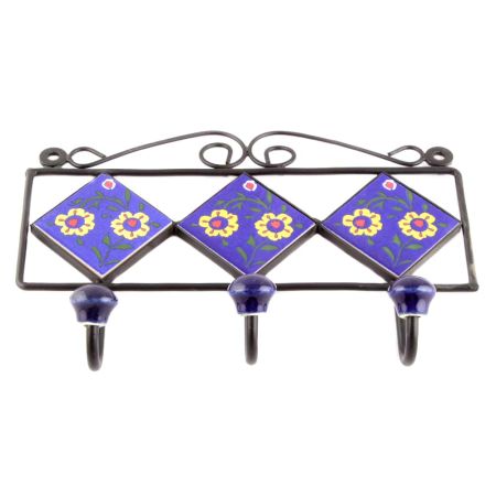 Navy Blue And Yellow Ceramic Floral Tiles Hooks